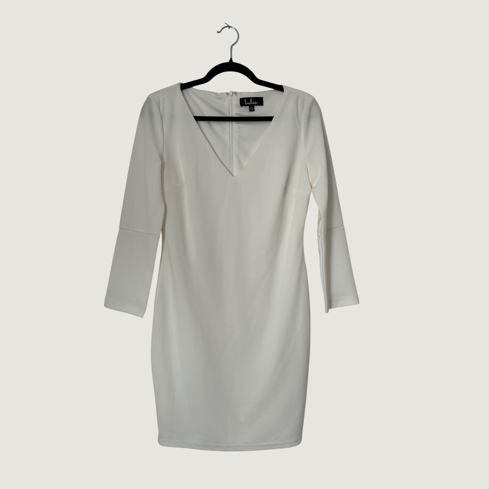 Lulus Sheath Dress Women Large White V-Neck Long Sleeve Stretch Crepe Mini